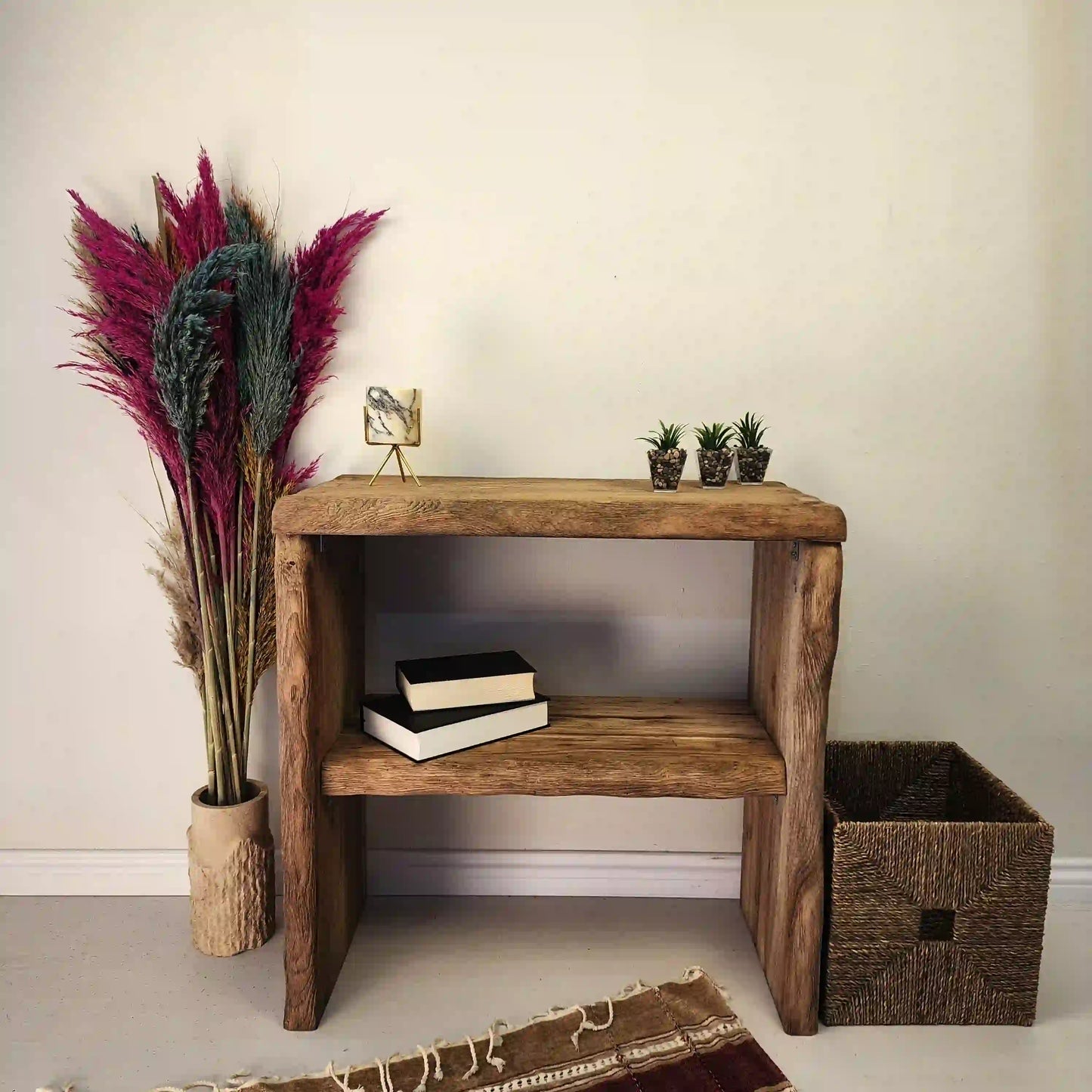 Rustic Entryway Wooden Console Table with Shelf - Live Edge Wood