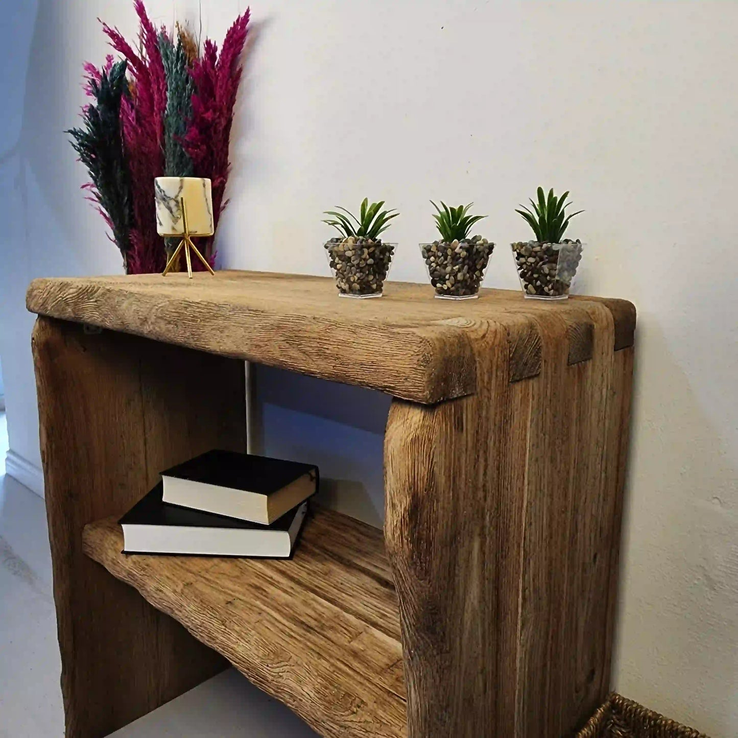 Rustic Entryway Wooden Console Table with Shelf - Live Edge Wood