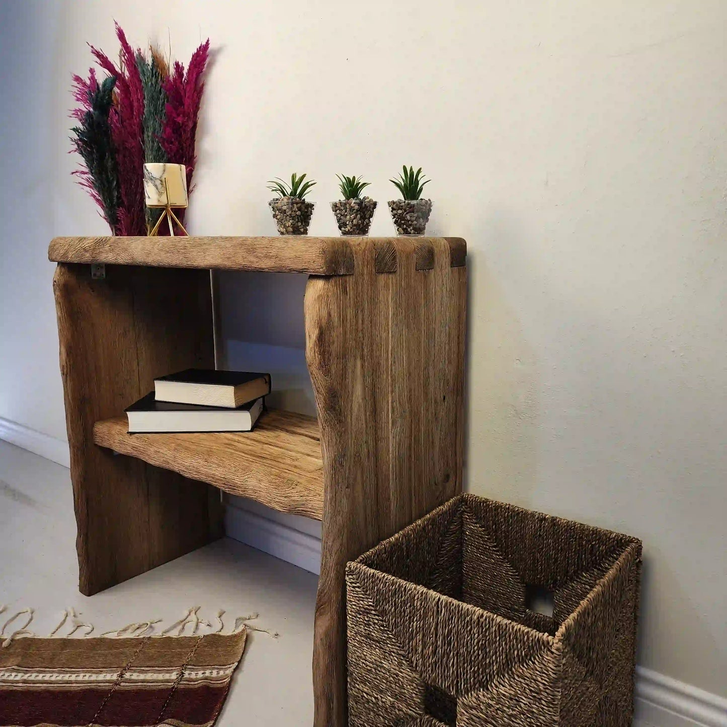 Rustic Entryway Wooden Console Table with Shelf - Live Edge Wood