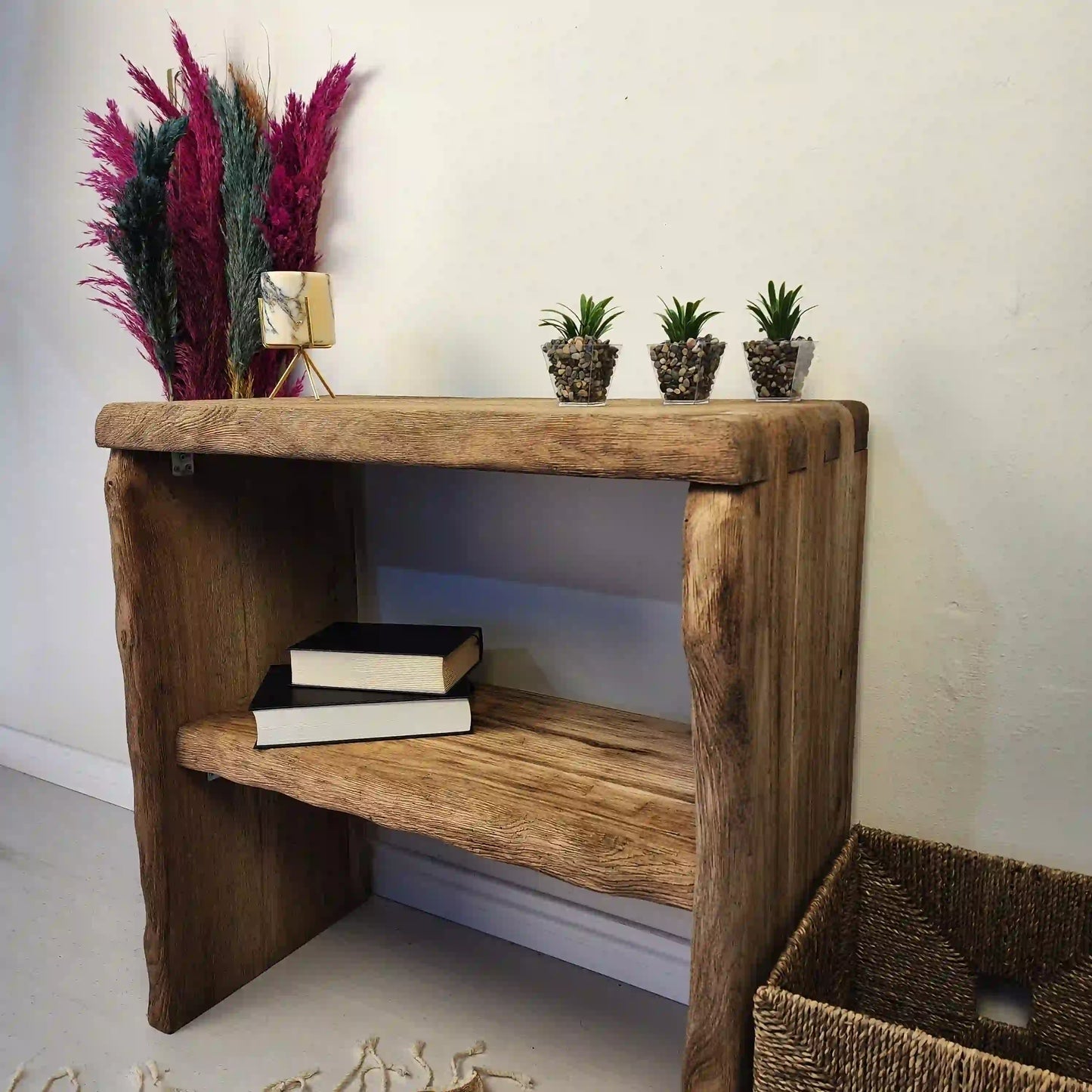 Rustic Entryway Wooden Console Table with Shelf - Live Edge Wood