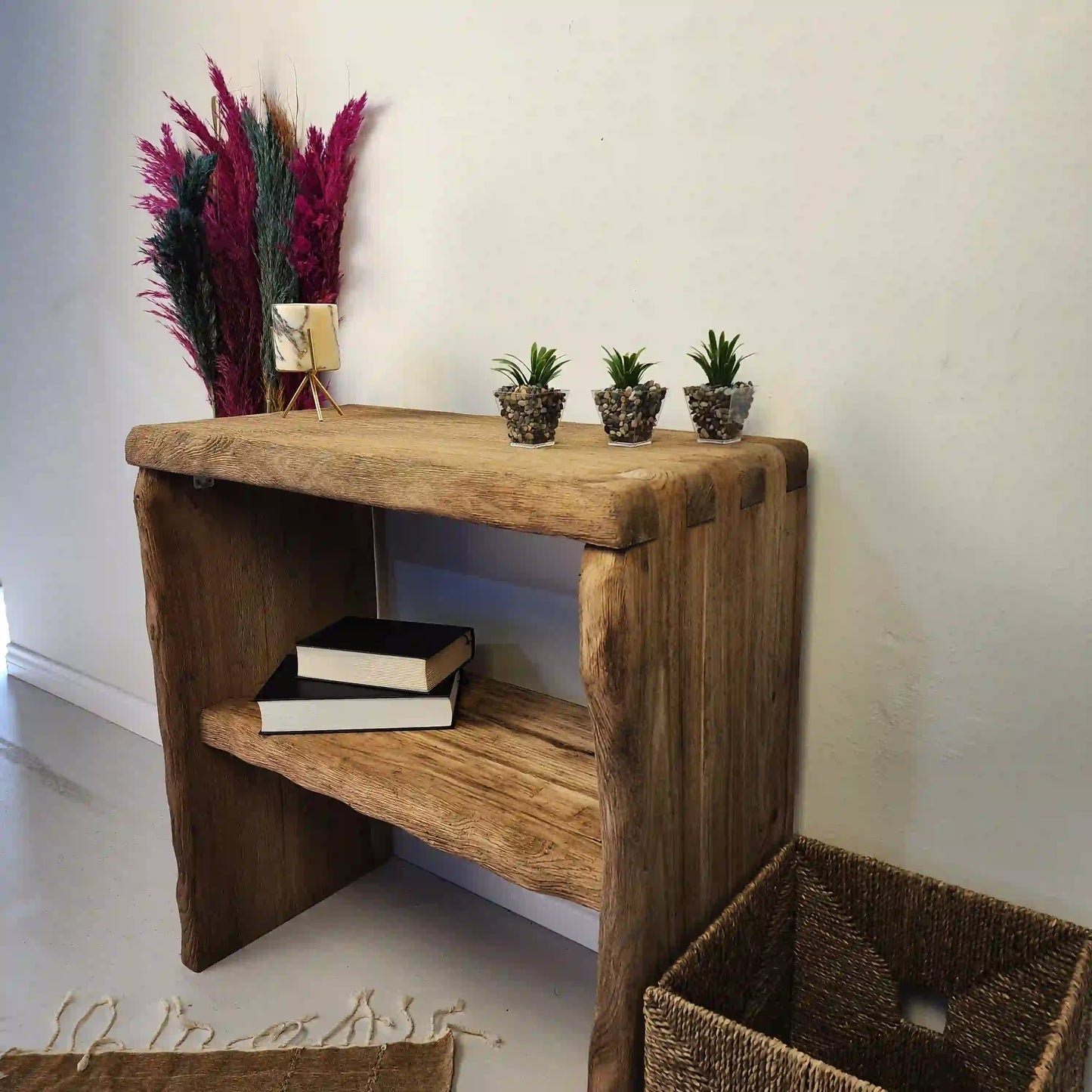 Rustic Entryway Wooden Console Table with Shelf - Live Edge Wood