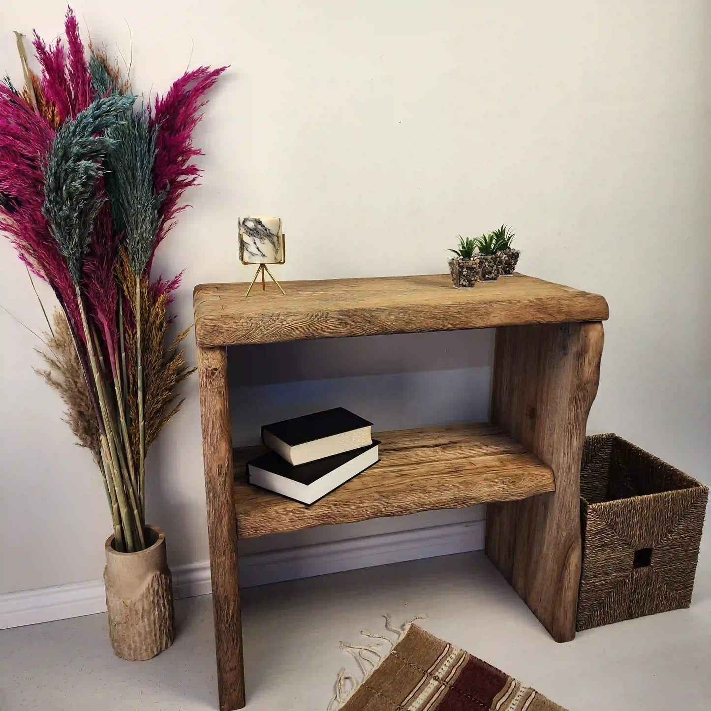 Rustic Entryway Wooden Console Table with Shelf - Live Edge Wood