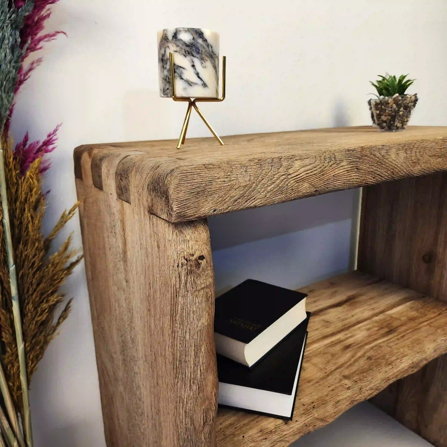 Rustic Entryway Wooden Console Table with Shelf - Live Edge Wood